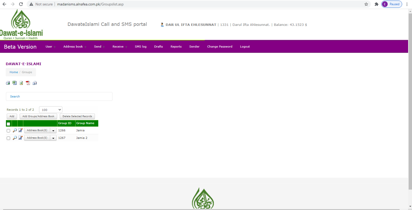 Corporate Call and SMS Web Portal